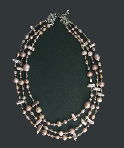 Three-Strand Pink Pearl & Crystal Necklace